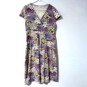 Boden Empire Waist Floral Jersey Knit Dress V-neck Gray Purple Green Yellow‎ 12L
